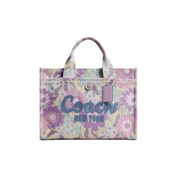 COACH Cargo Cotton Tote Bag, Shopping Bag, Shoulder Bag, Crossbody Bag, Handbag Women's Silver & Ivory Purple