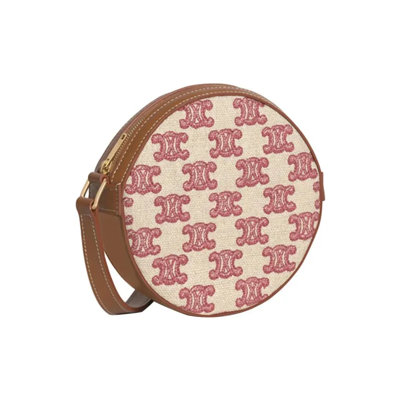 CELINE Triomphe Fabric With Cow Leather Round Wallet Shoulder Bag Crossbody Bag Women's Candy Color/Retro Pink-1