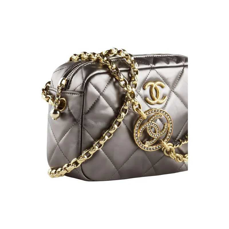 CHANEL Cow Leather And Gold Metal Crossbody Camera Bag, Crossbody Bag Mini Women's Gray-3