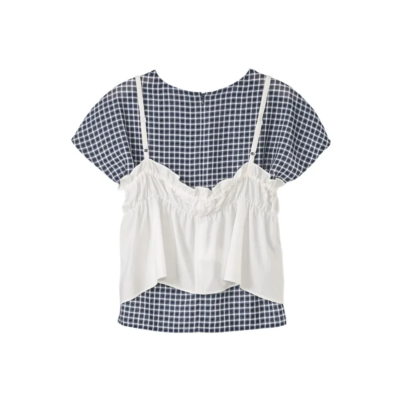 Fstudio Korean Preppy Style Top Plaid Inner Short Sleeved Two Piece Set T Shirt Women's-2