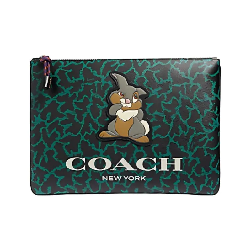 COACH X Disney Collaboration Coated Canvas With Calfskin Envelope Bag, Clutch Large Size Men's Dark Green-0