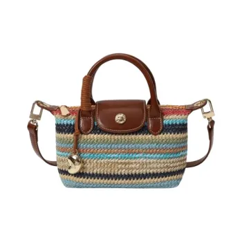 PAYOT Straw Woven Tote Shoulder Bag, Crossbody Bag, Handbag Women's Multicolor Stripes/Light Yellow/Light Blue