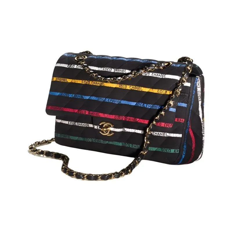 CHANEL 22SS Spring And Summer Classic Flap CF Cotton Shoulder Bag, Crossbody Bag Women's Black And Multicolor-1