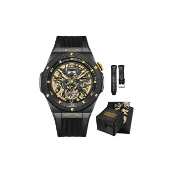 RARONE Gemini Black Gold Style Mechanical Movement Silicone Strap Watch Men's Watches Cut Out Dial