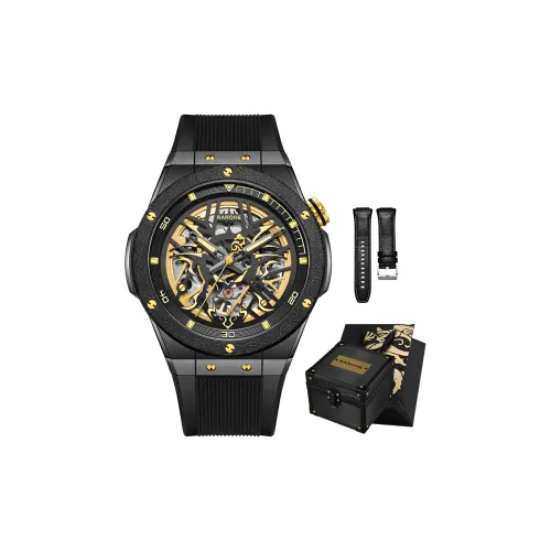 RARONE Gemini Black Gold Style Mechanical Movement Silicone Strap Watch Men's Watches Cut Out Dial