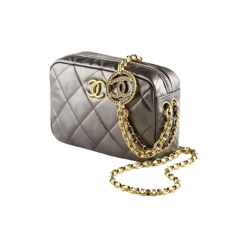 CHANEL Cow Leather And Gold Metal Crossbody Camera Bag, Crossbody Bag Mini Women's Gray-1