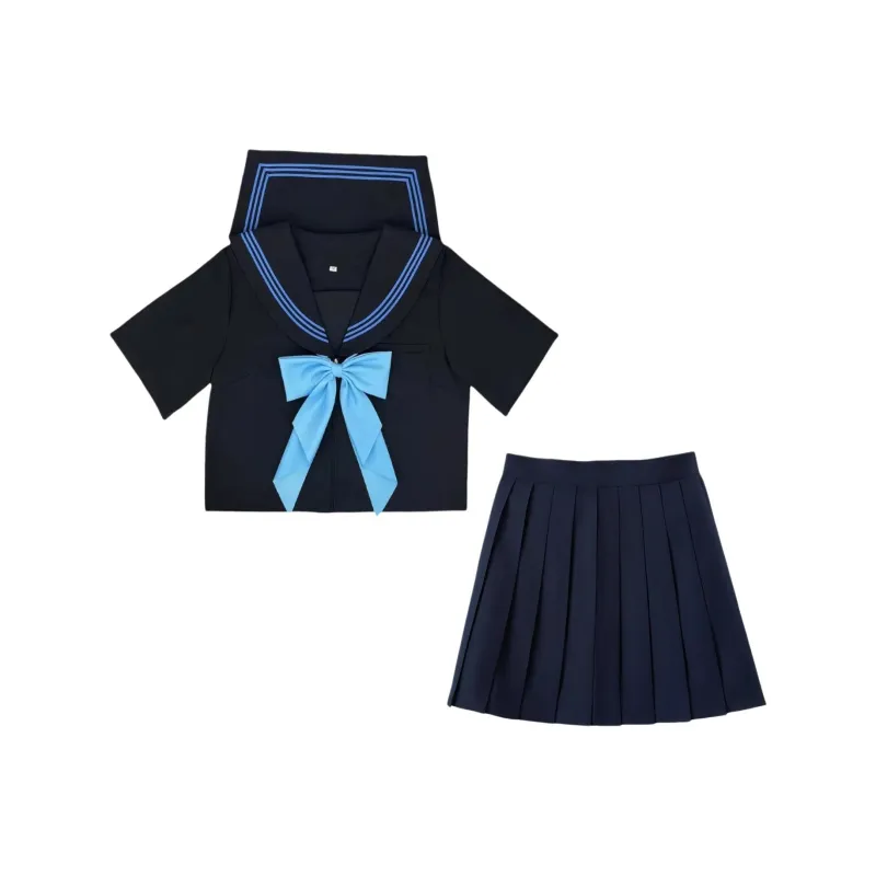Shuhao Bai Uniforms Women's Revised Blue Three Button Short Sleeved Full Front+Blue Long Handle Bow Tie+Black Short Skirt-0