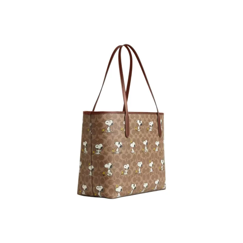 COACH Peanuts Snoopy Collaboration City Coated Canvas Tote Bag, Shopping Bag, Handbag, Shoulder Bag Tubas Women's Brown-1