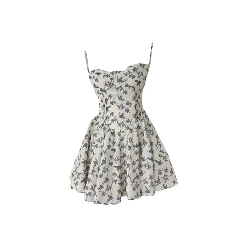 AFGGD Slip Dresses Women's White With Blue Floral-0