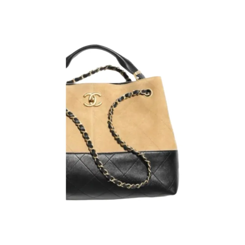 CHANEL Suede Calfskin Double Stitch Shopping Bag, One Shoulder Handbag Trumpets Women's Khaki-1