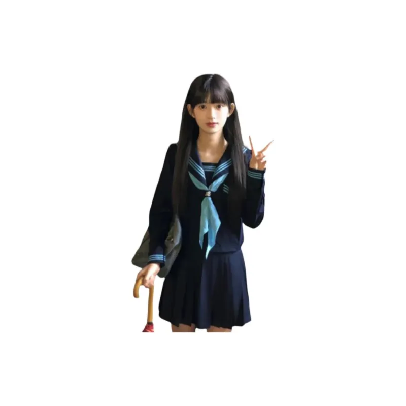 Shuhao Bai Uniforms Women's Revised Blue Three Strand Long Sleeved+Blue Scarf+Buckle+Black Short Skirt-0