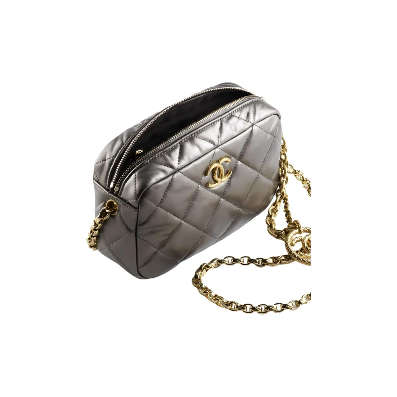 CHANEL Cow Leather And Gold Metal Crossbody Camera Bag, Crossbody Bag Mini Women's Gray-2
