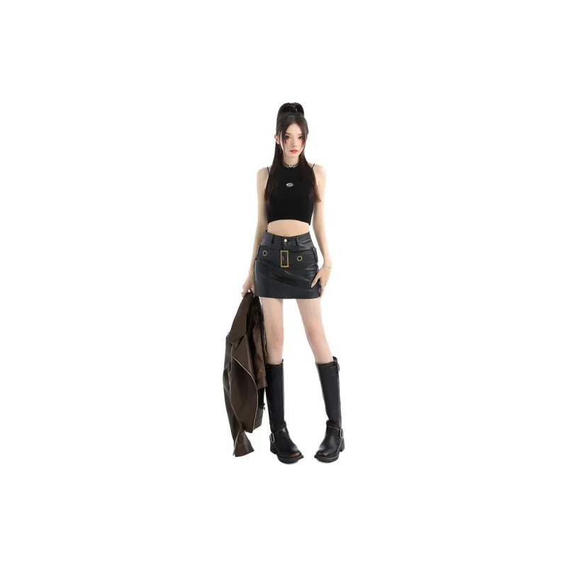 YINLEI Leather Short Skirts Women's-0