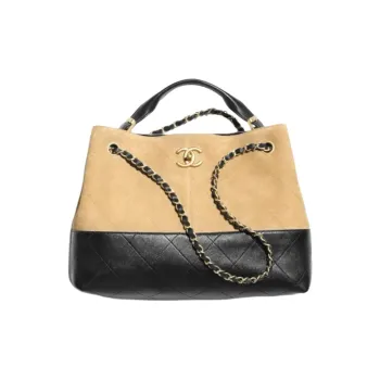 CHANEL Suede Calfskin Double Stitch Shopping Bag, One Shoulder Handbag Trumpets Women's Khaki