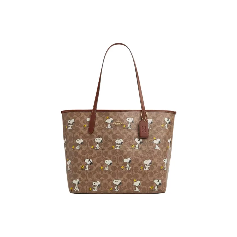 COACH Peanuts Snoopy Collaboration City Coated Canvas Tote Bag, Shopping Bag, Handbag, Shoulder Bag Tubas Women's Brown-0