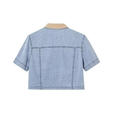 HDFULERN Cropped Coats Women's Denim Light Blue-1