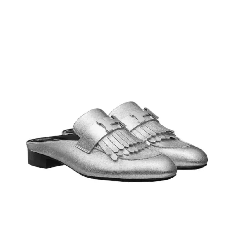 HERMES Closed Toe Slippers Women's Silver-3