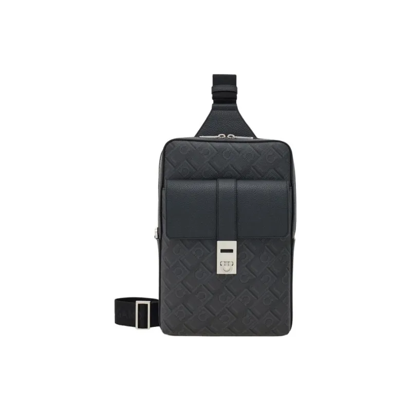 FERRAGAMO Fabric With Cow Leather Shoulder Bag, Crossbody Bag, Sling Bag Men's Black Gray-0