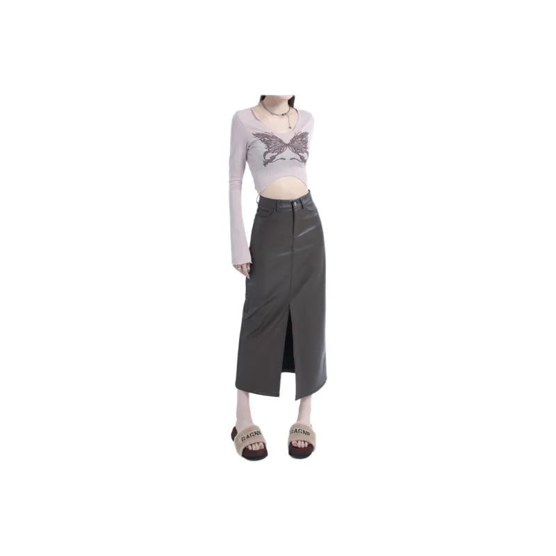 YINLEI Leather Long Skirt Women's-6