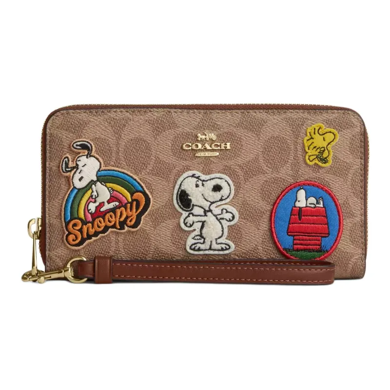COACH PEANUTS Collaboration Zip Around Coated Canvas Wallet Trumpets Women's Tan-0