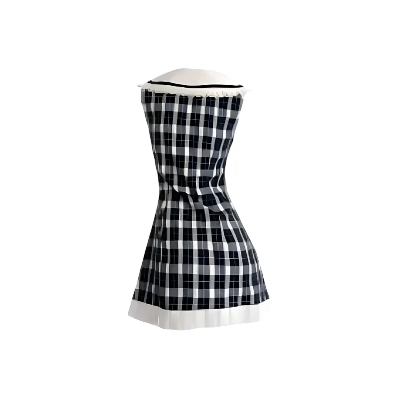 CZMO Sleeveless Dresses Women's Black White Plaid-1