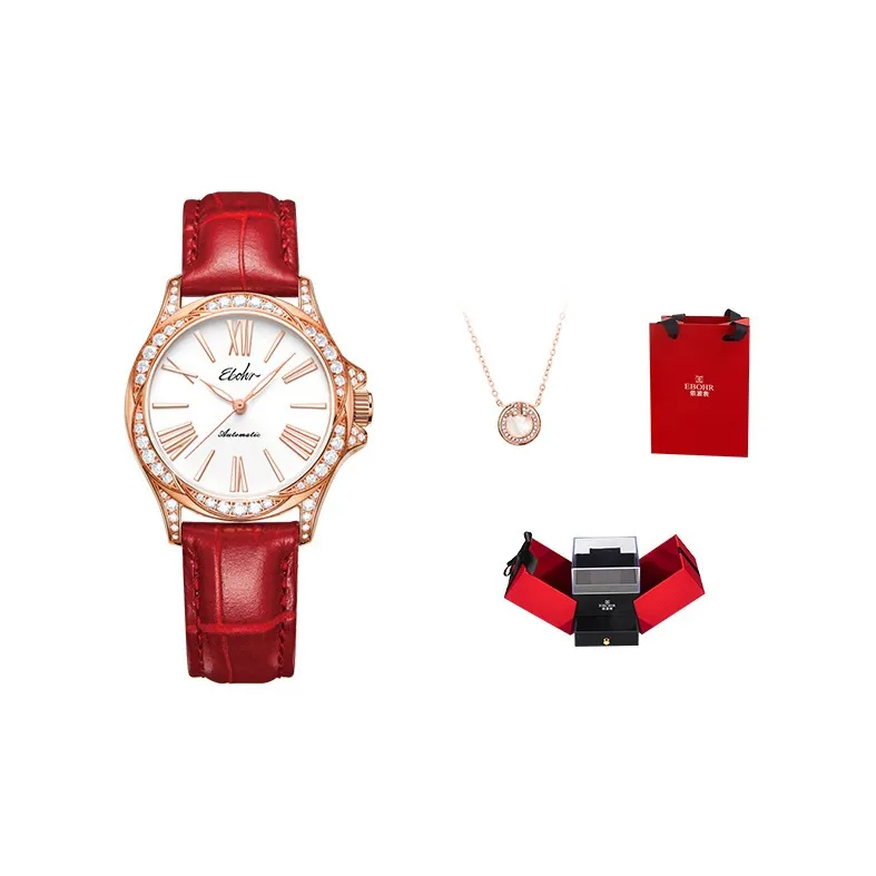 EBOHR Automatic Mechanical Movement Genuine Leather Strap Watch Women's Watch White Dial-0