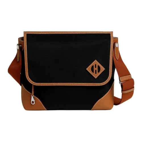 HERMES Allback Bivouac Canvas With Swift Calfskin Messenger Bag, Shoulder Bag, Crossbody Bag Men's Black & Gold