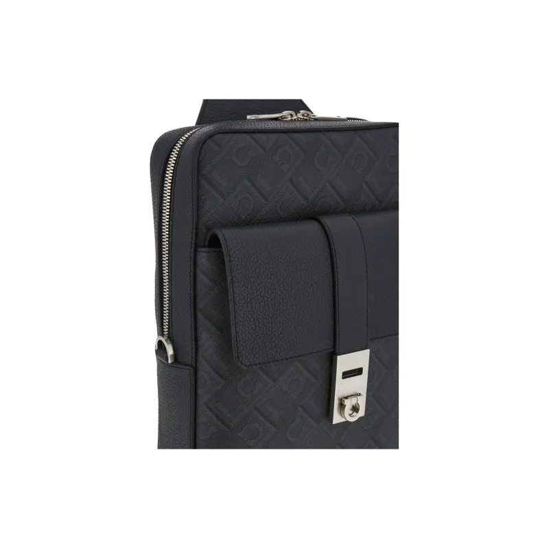 FERRAGAMO Fabric With Cow Leather Shoulder Bag, Crossbody Bag, Sling Bag Men's Black Gray-4