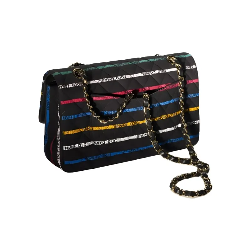 CHANEL 22SS Spring And Summer Classic Flap CF Cotton Shoulder Bag, Crossbody Bag Women's Black And Multicolor-2