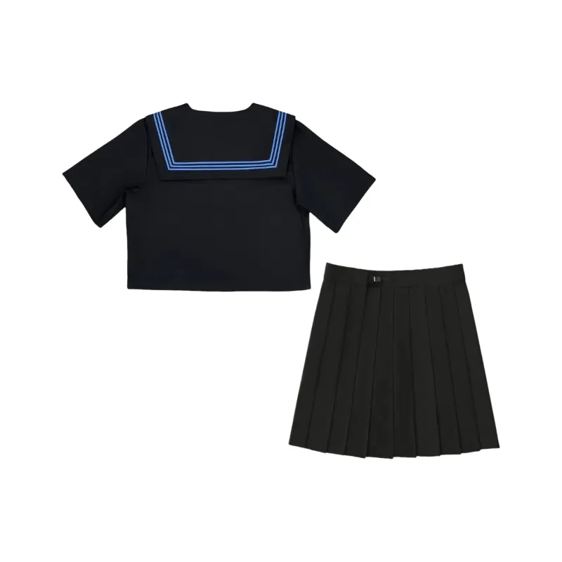 Shuhao Bai Uniforms Women's Revised Blue Three Button Short Sleeved Full Front+Blue Long Handle Bow Tie+Black Short Skirt-1