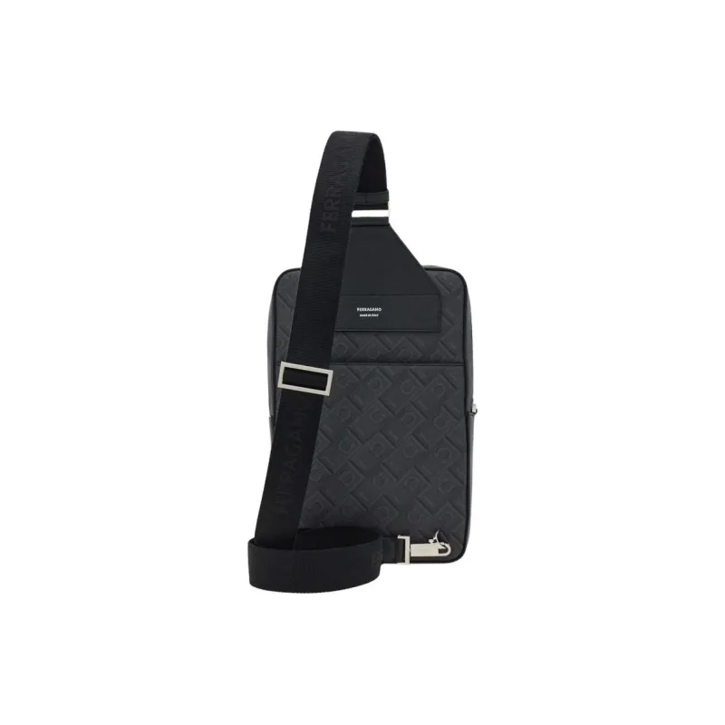 FERRAGAMO Fabric With Cow Leather Shoulder Bag, Crossbody Bag, Sling Bag Men's Black Gray-2