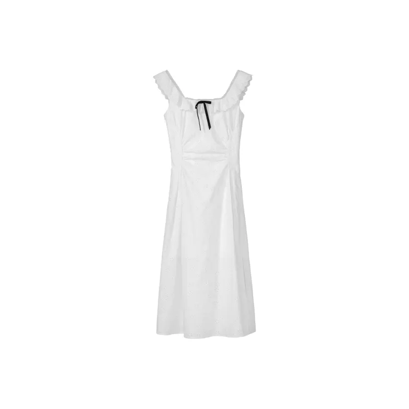 Fstudio Summer Korean Style Hollow Out Square Neck Waist Cinching Textured Dress 100% Cotton Slip Dress Women's-1