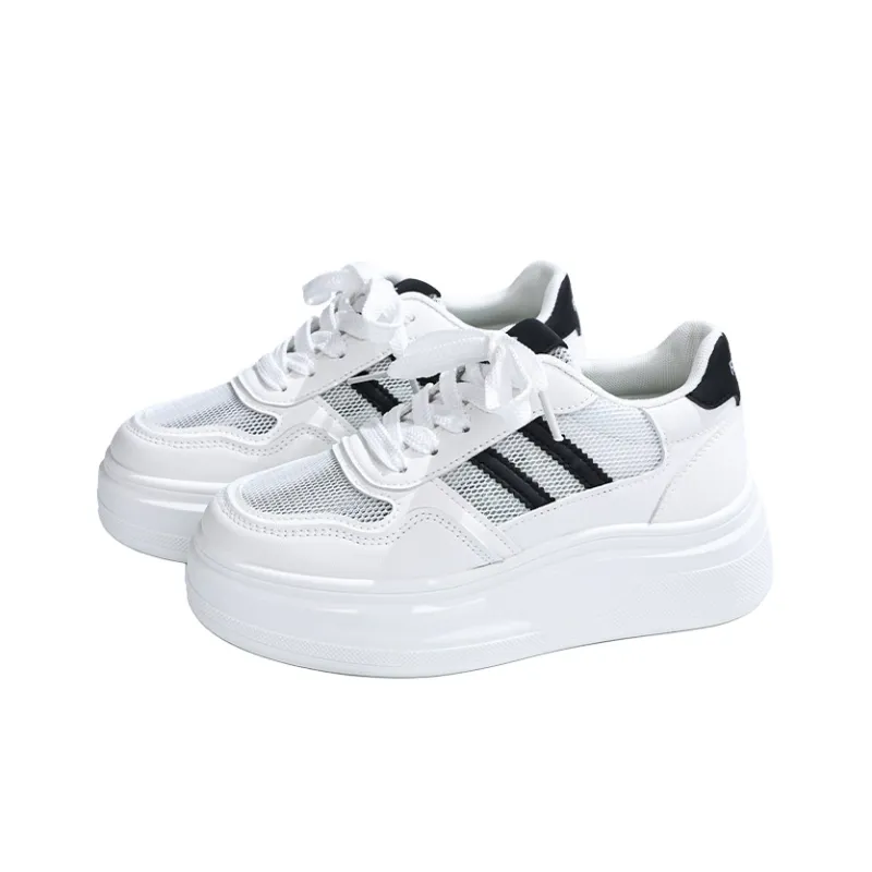 RENBEN Breathable Height Increase Low Top Skateboard Shoes Women's Black White-2