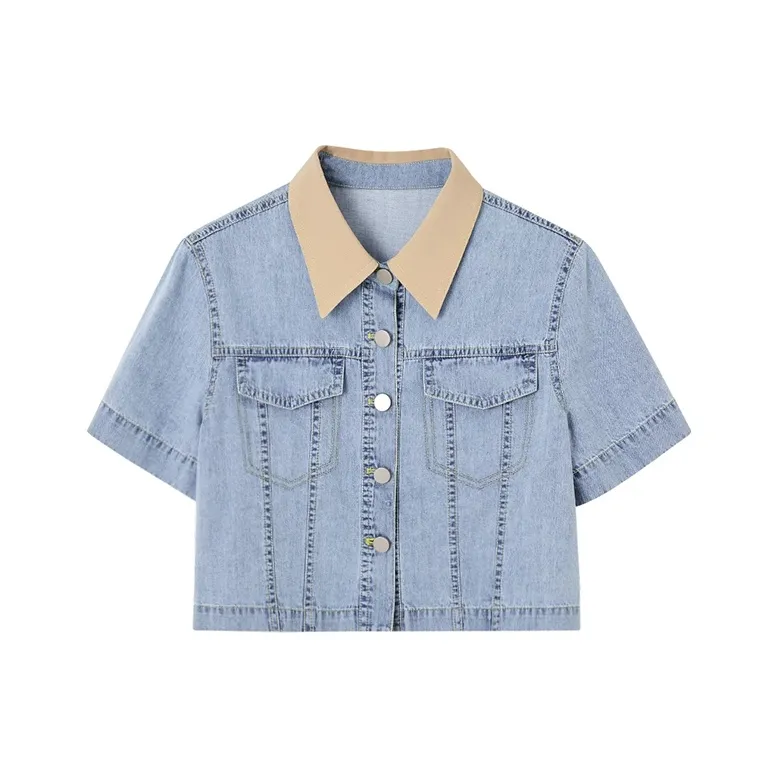 HDFULERN Cropped Coats Women's Denim Light Blue-0