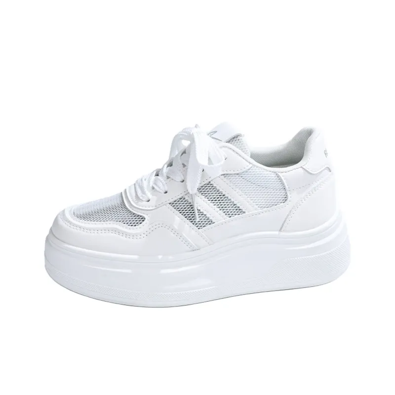 RENBEN Breathable Height Increase Low Top Skateboard Shoes Women's White Silver-1