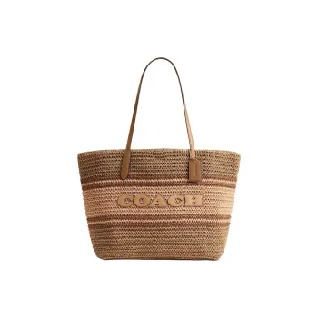 COACH City Straw With Smooth Leather Tote Bag, Shopping Bag, Handbag, Shoulder Bag Tubas Women's Brown