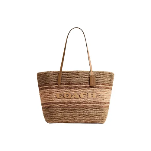 COACH City Straw With Smooth Leather Tote Bag, Shopping Bag, Handbag, Shoulder Bag Tubas Women's Brown