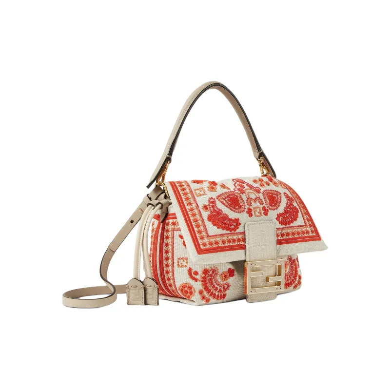 FENDI Baguette Canvas Shoulder Bag, Crossbody Bag, Handbag Trumpets Women's Beige & Red-1