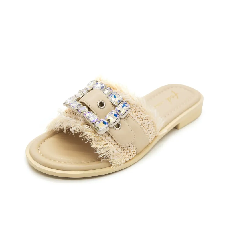 FED Rubber Sole Rhinestone Slide Slippers Women's Beige-2
