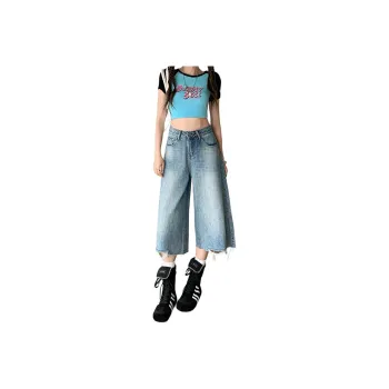 Wen Shan Denim Shorts Women's Light Blue Capri Pants