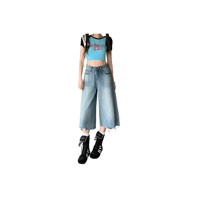 Wen Shan Denim Shorts Women's Light Blue Capri Pants-0