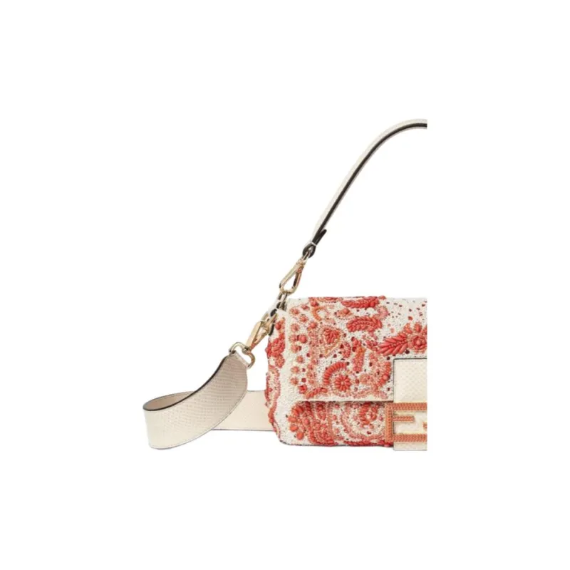 FENDI Baguette Lace Fabric One Shoulder Handbag Medium Size Women's Red-3