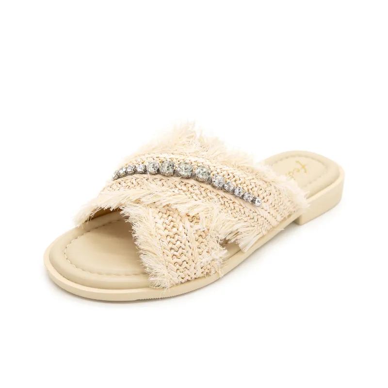 FED Rhinestone Slip Resistant Abrasion Resistant Slide Slippers Women's Beige-1