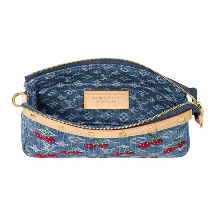 LOUIS VUITTON Takashi Murakami Collaboration POCHETTE ACCESSOIRES Monogram Cherry Denim Handbag Women's Blue-3