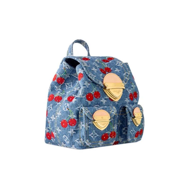 LOUIS VUITTON Takashi Murakami Collaboration Venice Monogram Cherry Denim Fabric Backpack Women's Blue-1