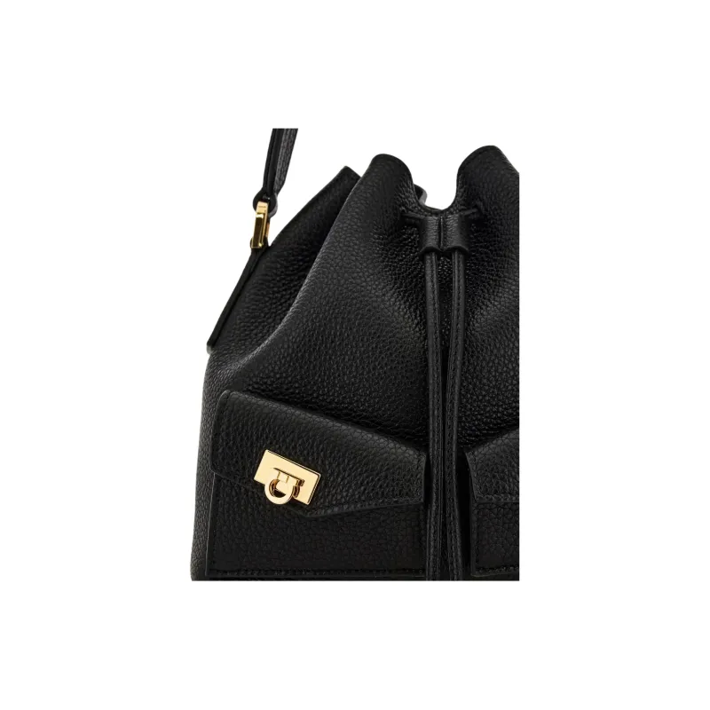 FERRAGAMO Hug Hammered Texture Calfskin Bucket Bag Handbag Women's Black-4