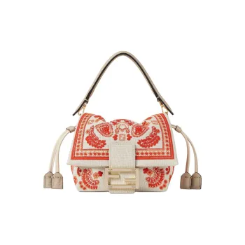 FENDI Baguette Canvas Shoulder Bag, Crossbody Bag, Handbag Trumpets Women's Beige & Red