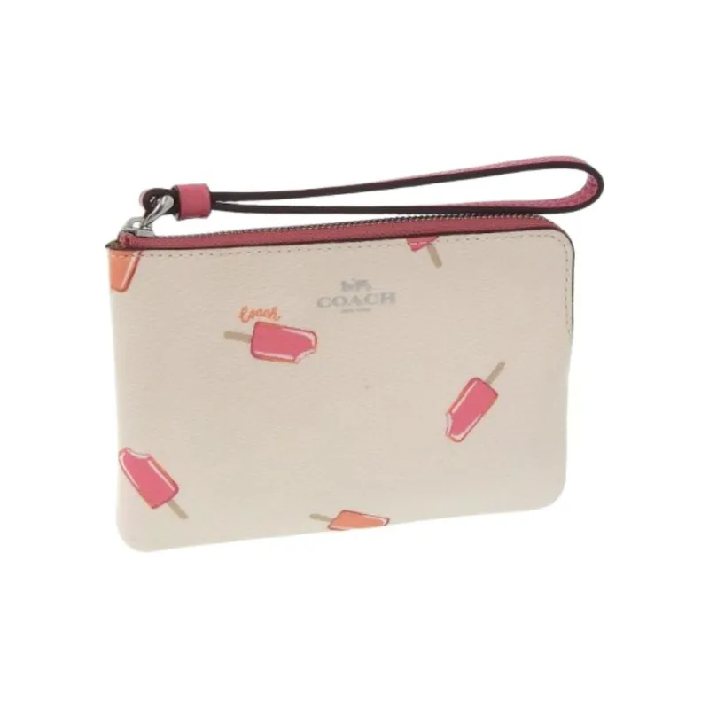 COACH Leather Wrist Bag Coin Purse, Clutch Women's White & Pink Edge-1