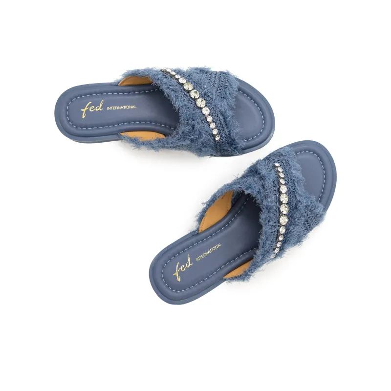 FED Rhinestone Slip Resistant Abrasion Resistant Slide Slippers Women's Blue-6