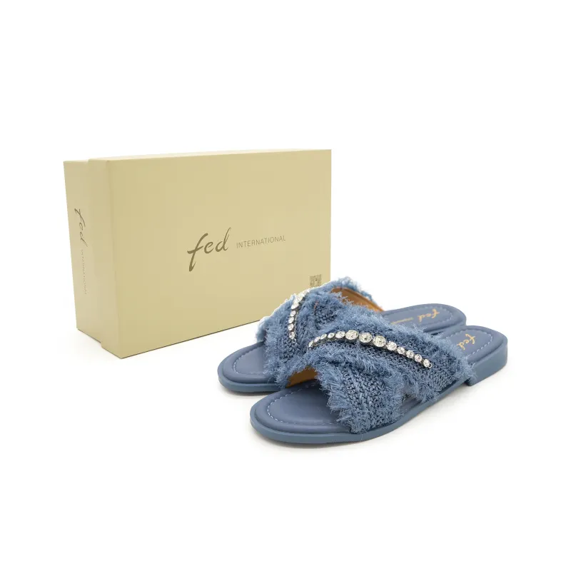 FED Rhinestone Slip Resistant Abrasion Resistant Slide Slippers Women's Blue-3
